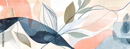 Abstract line art, botanical and boho shapes and lines, in muted colors of peach tones, pink blush, sage green, and blue hues, hand-drawn.