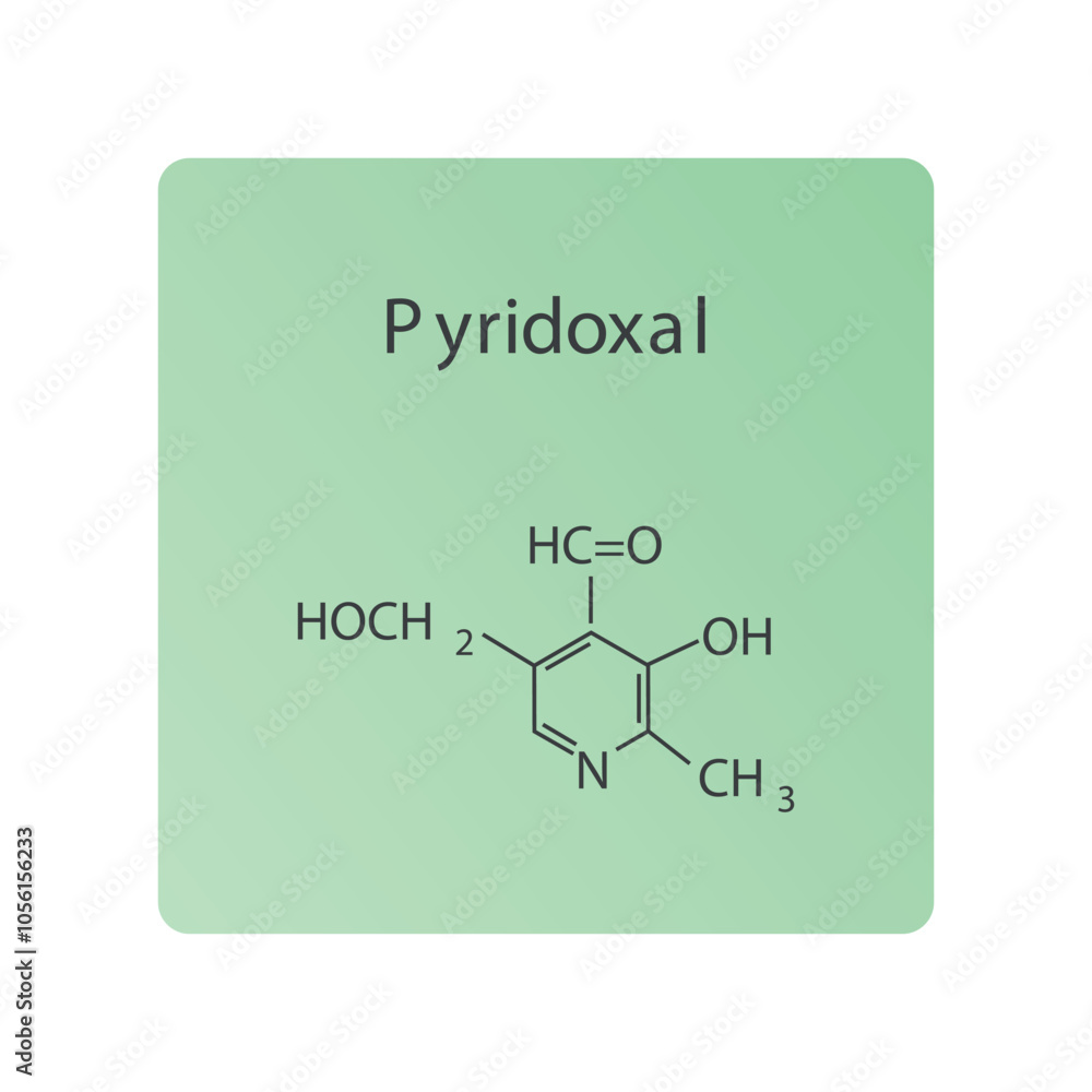 Pyridoxal skeletal structure diagram.Vitamin B6 compound molecule scientific illustration. Pyridoxal skeletal structure diagram.Vitamin B6 compound molecule scientific illustration.