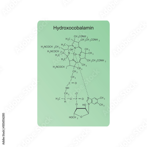 Hydroxocobalamin skeletal structure diagram.Vitamin B12 compound molecule scientific illustration.