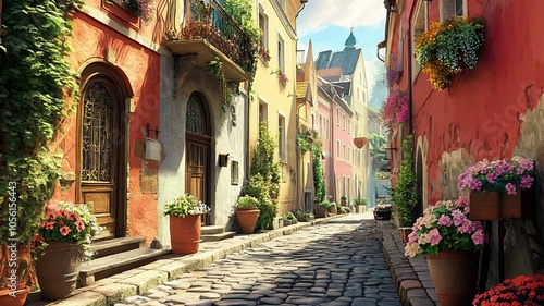 A narrow street with a brick walkway and a row of potted plants