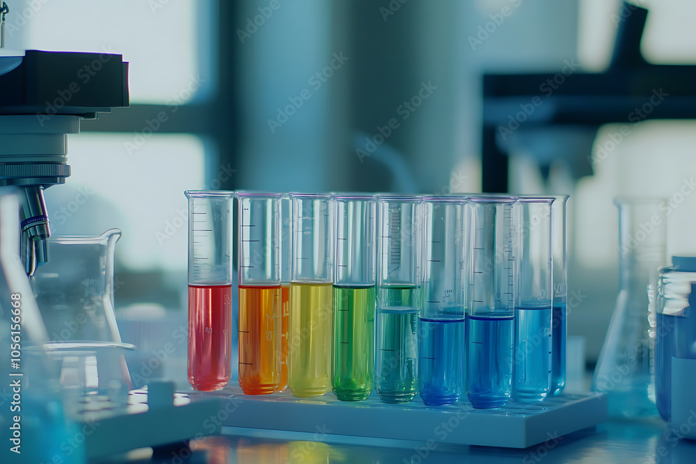 a professional laboratory setup with a focus on a set of transparent test tubes a professional laboratory setup with a focus on a set of transparent test tubes