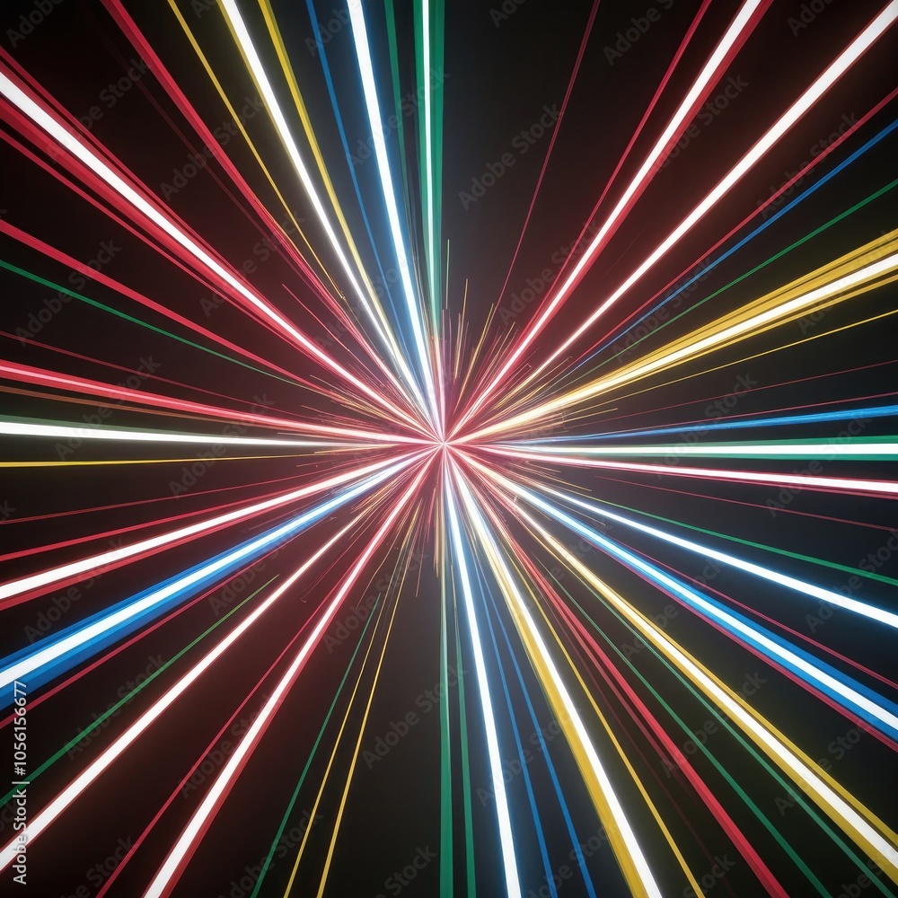 Neon light streaks radiating from the center on a dark background Neon light streaks radiating from the center on a dark background