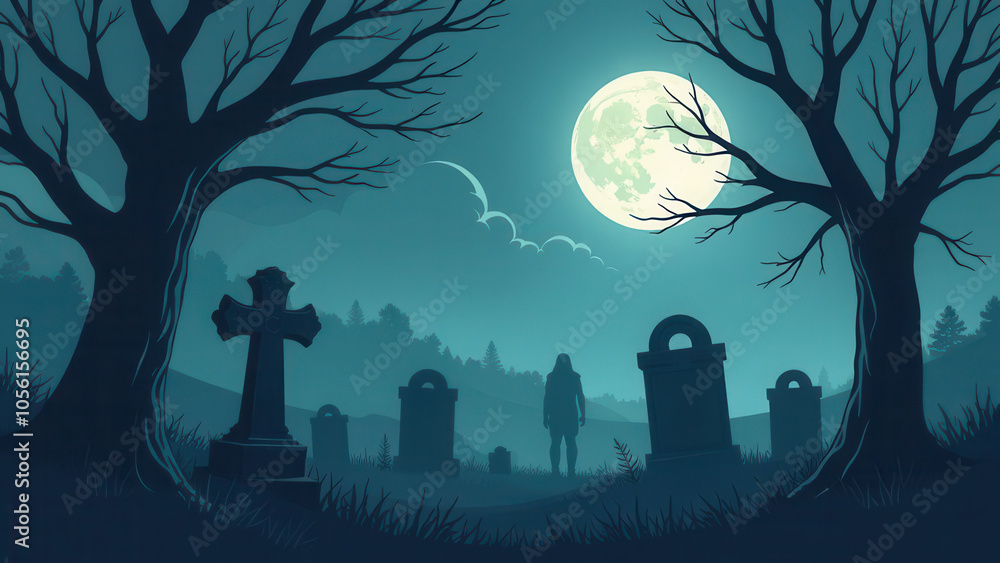 Eerie full moon graveyard scene with silhouetted figure and bare trees. Happy Halloween Eerie full moon graveyard scene with silhouetted figure and bare trees. Happy Halloween