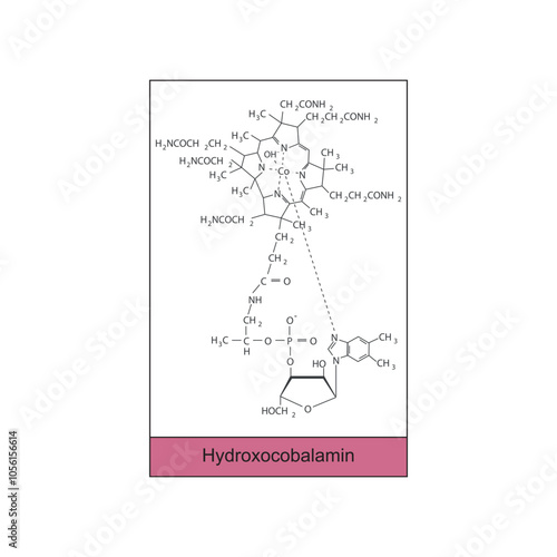 Hydroxocobalamin skeletal structure diagram.Vitamin B12 compound molecule scientific illustration.