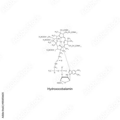 Hydroxocobalamin skeletal structure diagram.Vitamin B12 compound molecule scientific illustration.