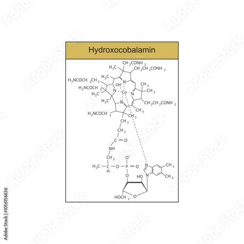 Hydroxocobalamin skeletal structure diagram.Vitamin B12 compound molecule scientific illustration.