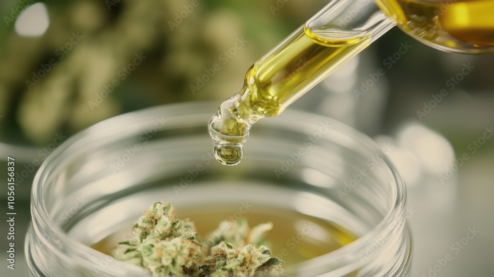 A macro shot of a cannabis oil dropper releasing a drop into a glass bowl, A macro shot of a cannabis oil dropper releasing a drop into a glass bowl,