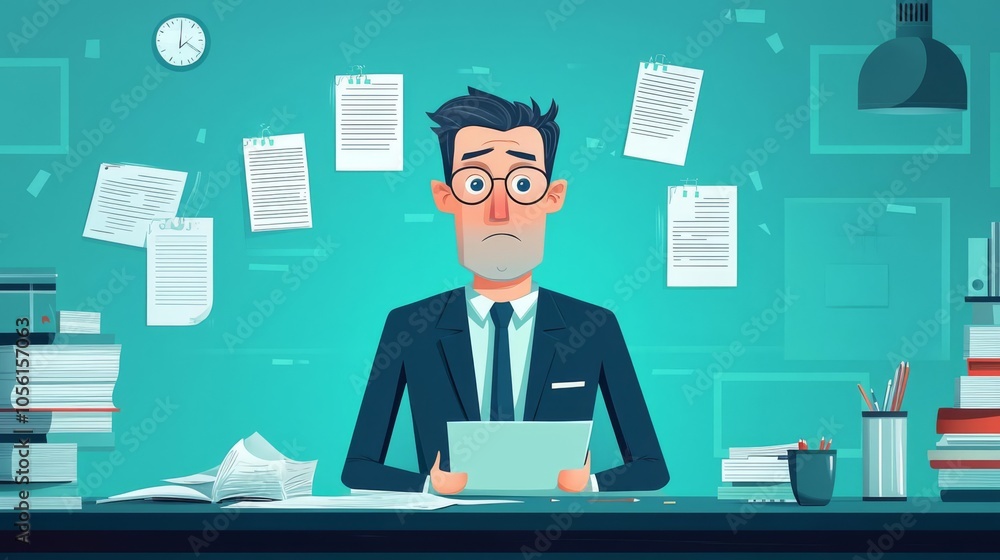 An overwhelmed businessman sits at his desk, surrounded by paperwork and books, looking stressed in a modern office environment. An overwhelmed businessman sits at his desk, surrounded by paperwork and books, looking stressed in a modern office environment.