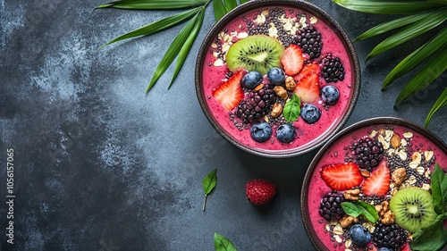 Two bowls of fruit smoothies with strawberries, blueberries, and kiwi