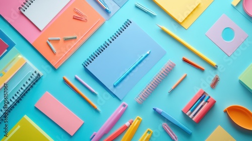 A mix of vibrant desks and colorful stationery on a smooth