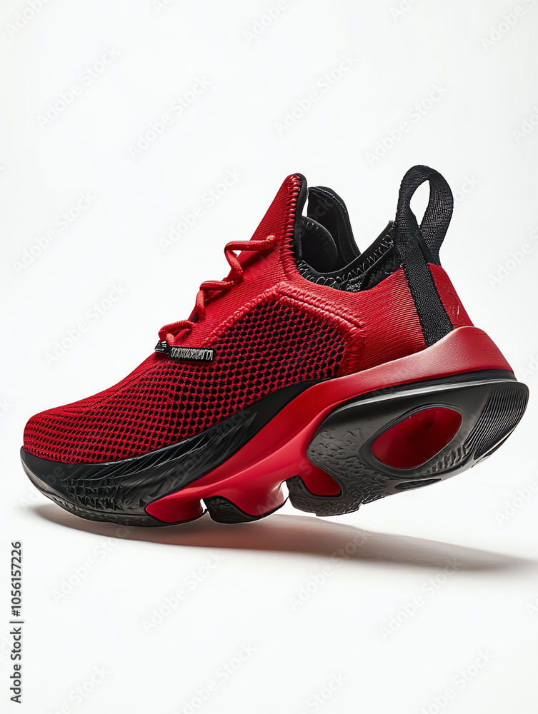 Red and Black Running Shoe with Air Cushioning on White Background Red and Black Running Shoe with Air Cushioning on White Background
