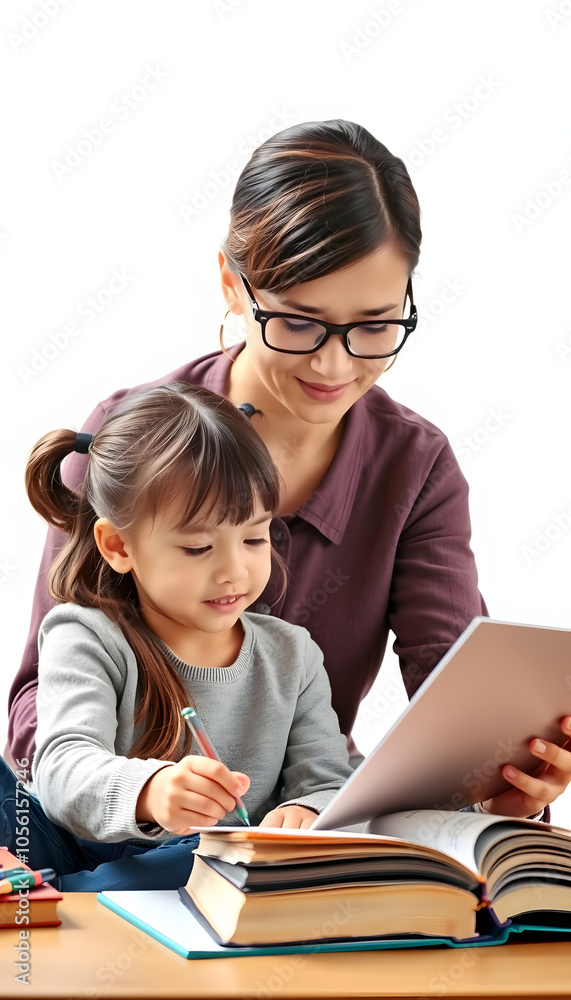 Tutor with pupil. Little girl studying. Private lesson isolated with white highlights, png