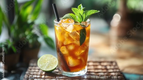 A refreshing glass of iced lemongrass tea garnished with a sprig of mint