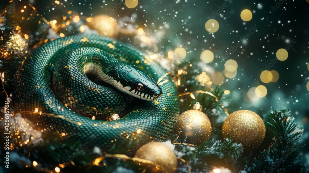 A green snake is coiled around some Christmas ornaments, with gold baubles and pine needles. The snake's scales have a glistening sheen. A green snake is coiled around some Christmas ornaments, with gold baubles and pine needles. The snake's scales have a glistening sheen.