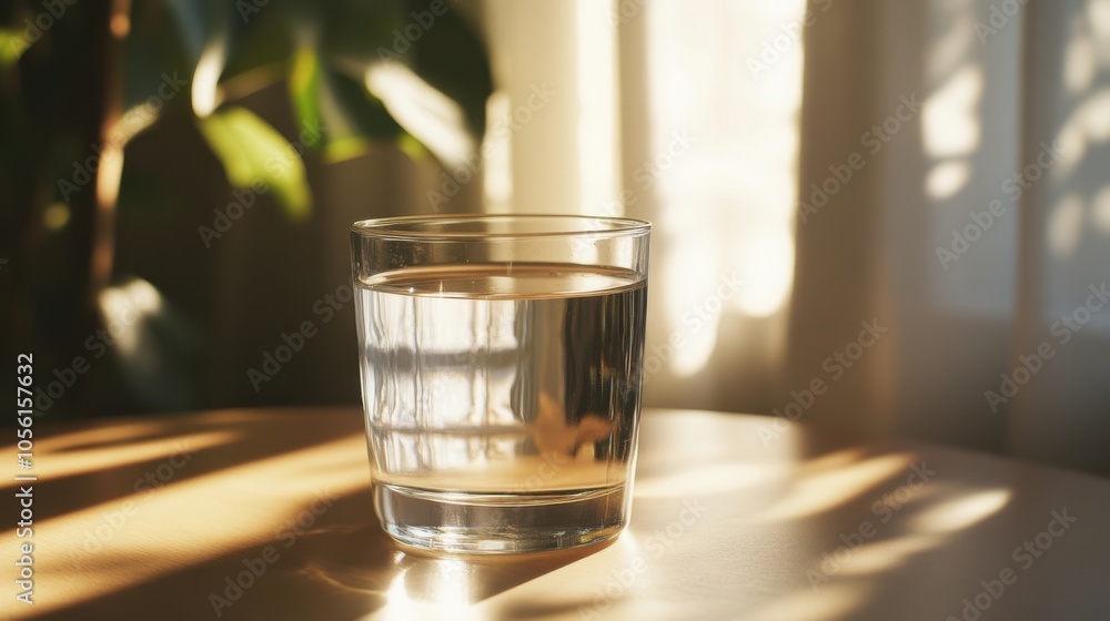 A refreshing glass of water placed on a table with sunlight streaming through A refreshing glass of water placed on a table with sunlight streaming through
