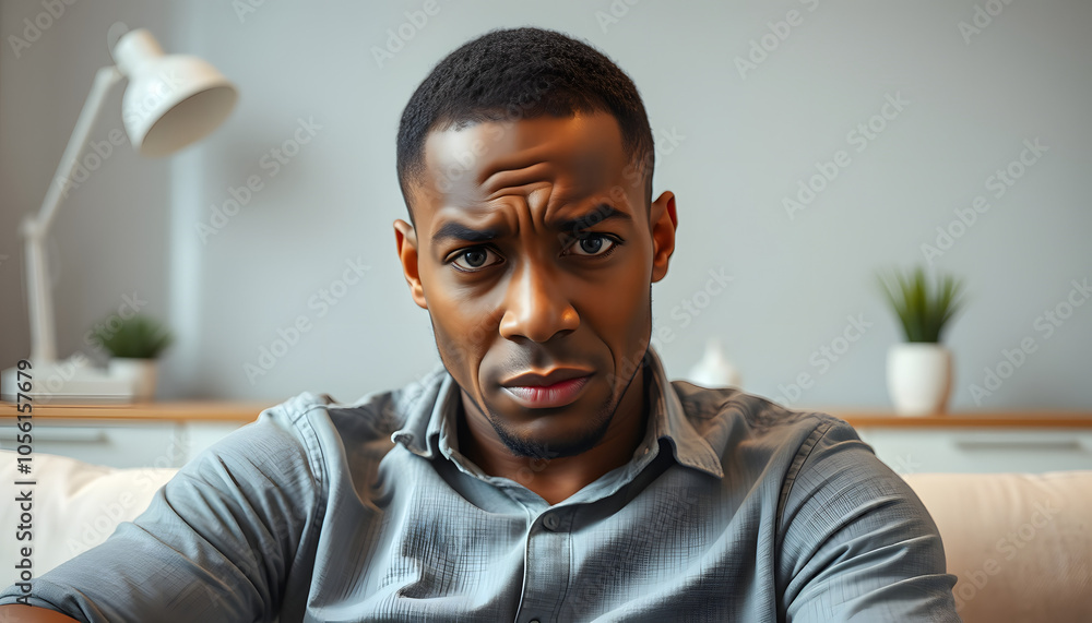 Frustrated african american man sitting on couch at psychologist office isolated with white highlights, png Frustrated african american man sitting on couch at psychologist office isolated with white highlights, png