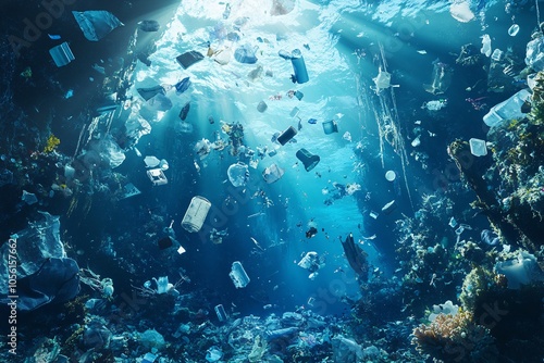 Fototapeta Naklejka Na Ścianę i Meble -  Underwater view of ocean debris showing plastic waste floating amidst coral reefs in the sunlight