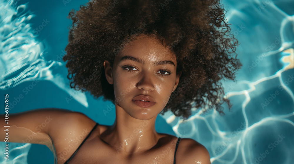 Black woman relaxing in pool, wearing black bikini. Stock Photo | Adobe ...