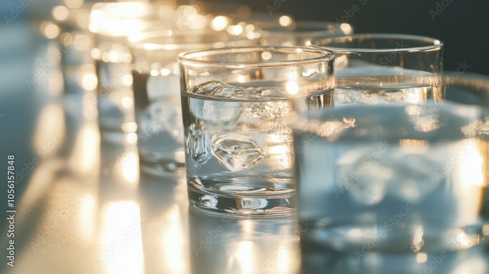 A row of glasses filled with clean, clear water, with light shining through each, A row of glasses filled with clean, clear water, with light shining through each,