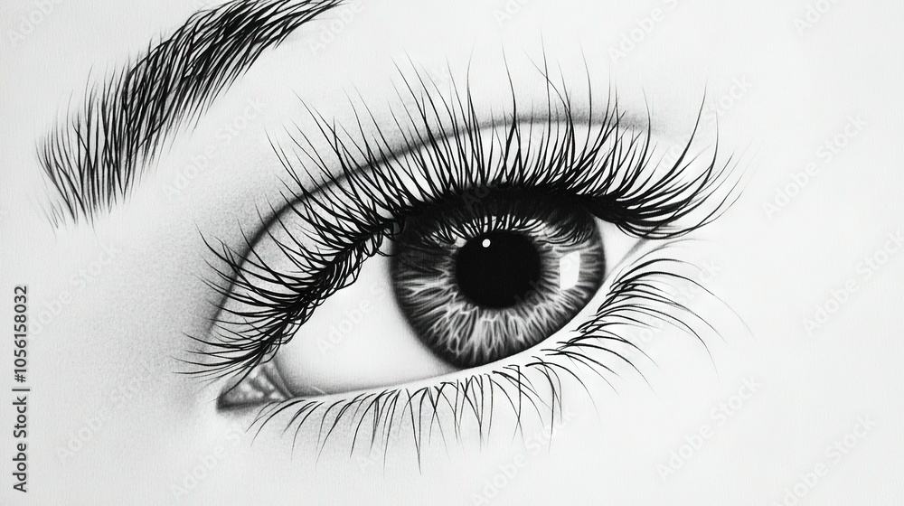 A monochrome portrait of a lady sporting extensive false eyelashes above her gaze A monochrome portrait of a lady sporting extensive false eyelashes above her gaze