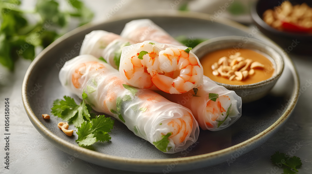 Fresh Vietnamese spring rolls with shrimp and peanut sauce on a grey plate. Fresh Vietnamese spring rolls with shrimp and peanut sauce on a grey plate.
