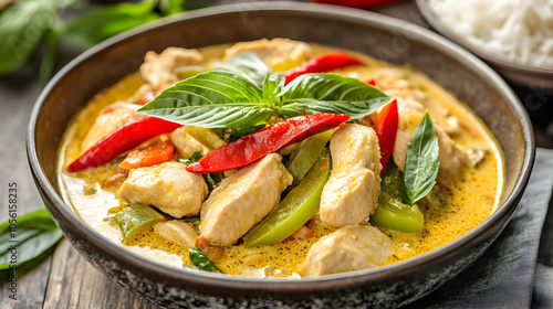 Green curry with chicken, peppers and basil leaves in a bowl.