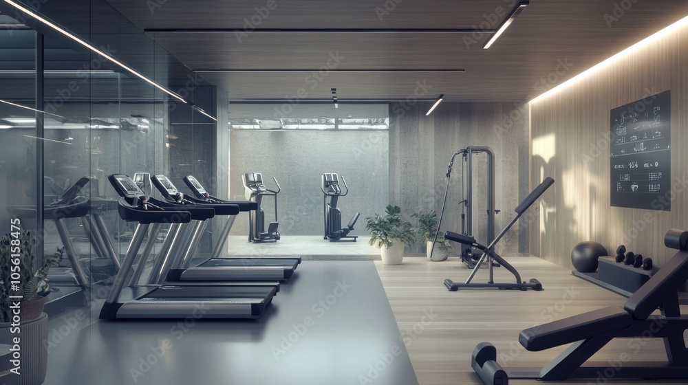 Fototapeta premium A sleek office gym featuring advanced exercise equipment,