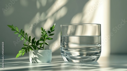 A serene scene with a glass of crystal-clear water next to a small plant