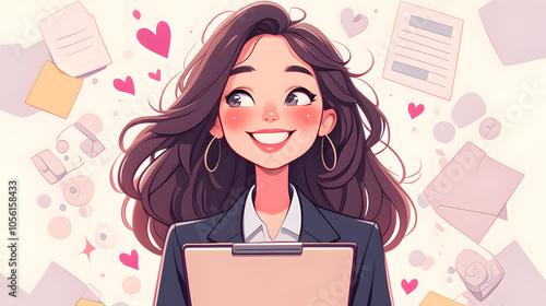 Happy woman with clipboard surrounded by hearts and paperwork, suggesting success and joy in work.