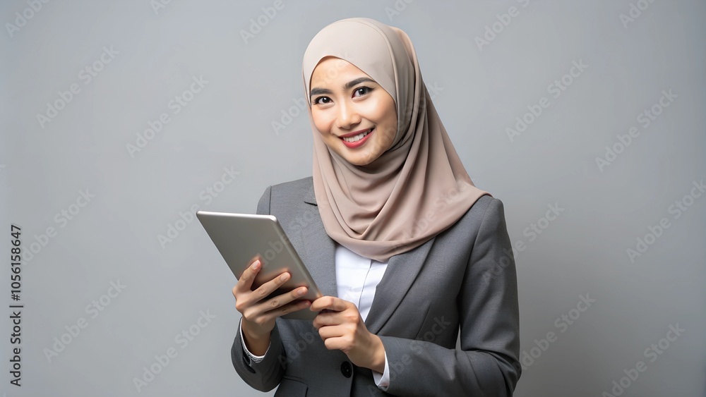 a muslim woman is holding a tablet with a gray background. a muslim woman is holding a tablet with a gray background.