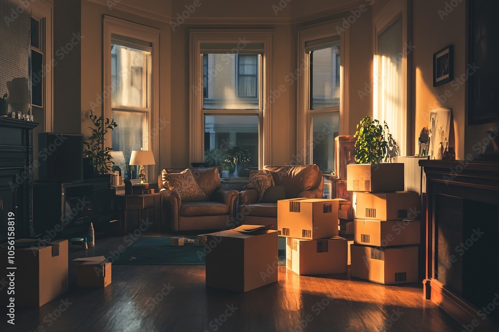 Bright and airy living room filled with moving boxes during day, showcasing a warm ambiance of transition and change Bright and airy living room filled with moving boxes during day, showcasing a warm ambiance of transition and change