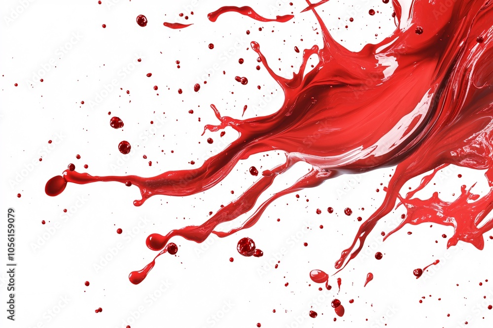 Dynamic red liquid splash with droplets against a white background, showcasing motion and vivid color in artistic expression