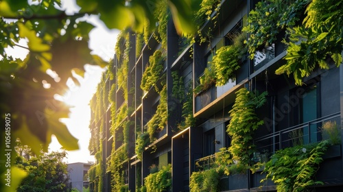 European residential architecture harmonizing with nature. Eco-friendly living in city with greens. Eco apartment building saving energy and fresh air concept.  photo