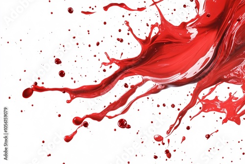 Dynamic red liquid splash with droplets against a white background, showcasing motion and vivid color in artistic expression