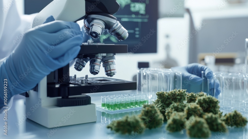 A team of scientists in a modern laboratory analyzing cannabis A team of scientists in a modern laboratory analyzing cannabis