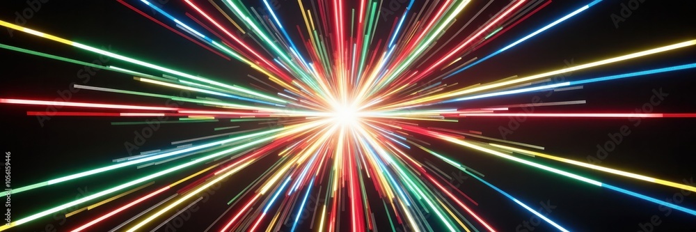 Neon light streaks radiating from the center on a dark background. Wide banner Neon light streaks radiating from the center on a dark background. Wide banner