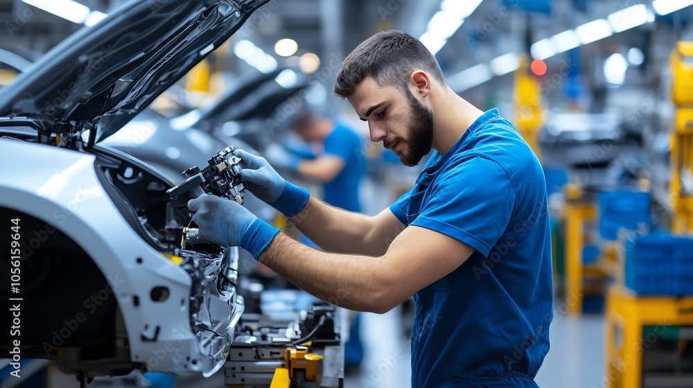 A technician repairs a car engine in a modern factory, showcasing skilled craftsmanship and teamwork in automotive manufacturing. A technician repairs a car engine in a modern factory, showcasing skilled craftsmanship and teamwork in automotive manufacturing.