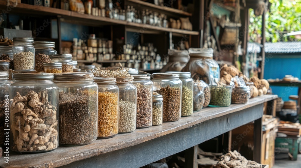 A traditional Thai herbal medicine shop with jars of dried herbs and roots, A traditional Thai herbal medicine shop with jars of dried herbs and roots,