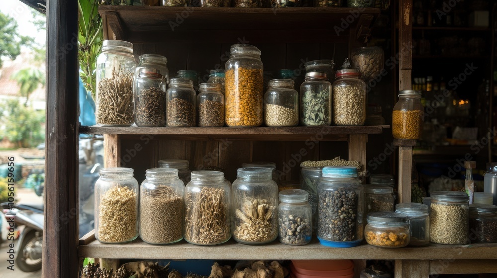 A traditional Thai herbal medicine shop with jars of dried herbs and roots, A traditional Thai herbal medicine shop with jars of dried herbs and roots,