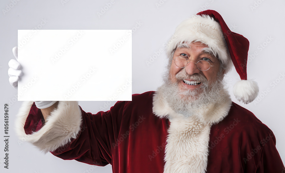 Cheerful santa claus with a warm smile holding a white blank sign, inviting personalized holiday messages Cheerful santa claus with a warm smile holding a white blank sign, inviting personalized holiday messages