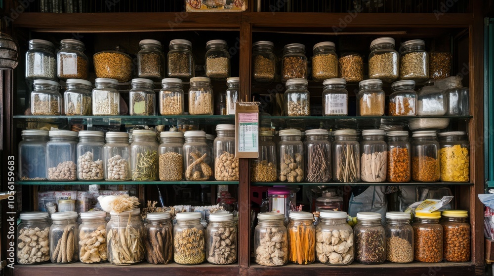 A traditional Thai herbal medicine shop with jars of dried herbs and roots, A traditional Thai herbal medicine shop with jars of dried herbs and roots,