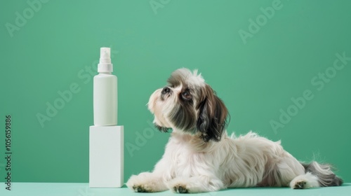 A small dog sits attentively next to an unlabeled spray bottle, looking up with interest against a vibrant green backdrop in a cozy indoor setting photo