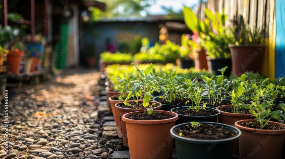 A vibrant garden scene with a focus on Thai herbs growing in small, A vibrant garden scene with a focus on Thai herbs growing in small,