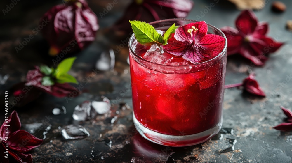 A vibrant glass of roselle juice with a deep red color, A vibrant glass of roselle juice with a deep red color,