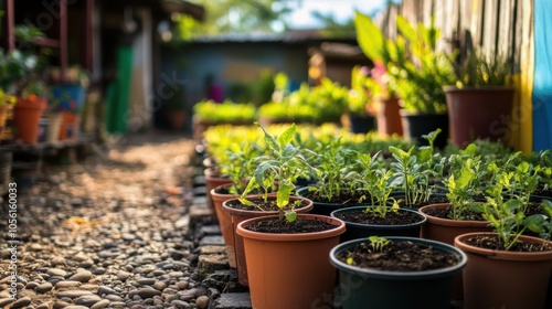 A vibrant garden scene with a focus on Thai herbs growing in small,