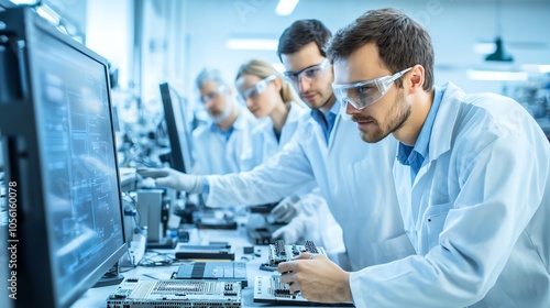 A team of engineers working collaboratively in a laboratory, analyzing data on computer screens while wearing protective gear.