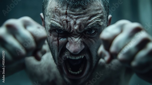 Intense fighter in a dimly lit room fiercely shouting and showing determination during a grueling training session