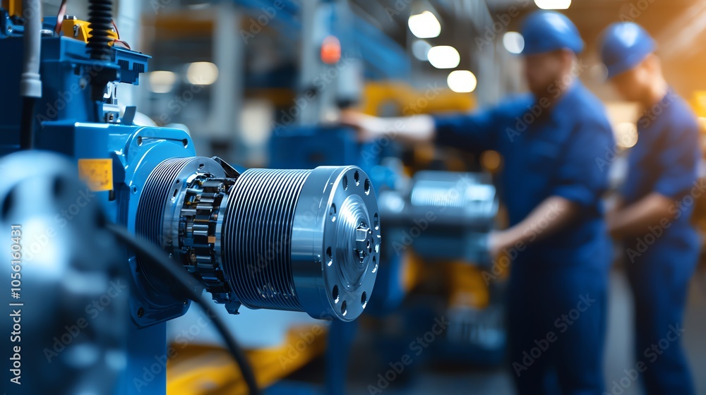 Close-up of industrial machinery with workers in blue uniforms operating equipment in a modern factory setting. Close-up of industrial machinery with workers in blue uniforms operating equipment in a modern factory setting.