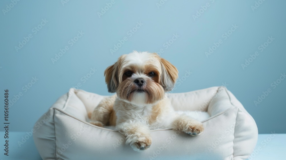 A small dog relaxes in a stylish, modern dog bed designed for comfort, set against a calming blue wall that enhances the cozy atmosphere