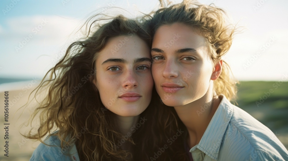 Natural beauty: close-up of two women with wavy hair on a beach Couple of women Natural beauty: close-up of two women with wavy hair on a beach Couple of women